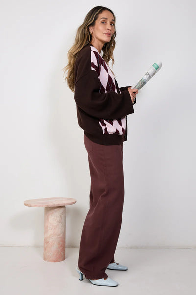 cardigan brown pink argyle
