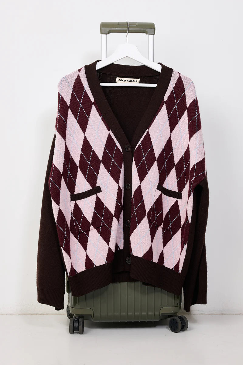 cardigan brown pink argyle