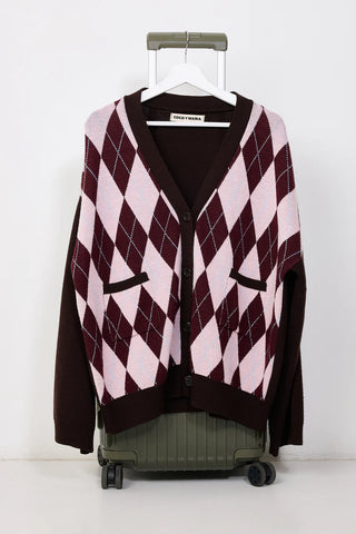 cardigan brown pink argyle