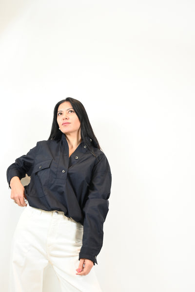 Nine In The Morning donkerblauwe blouse met aantrekkoord