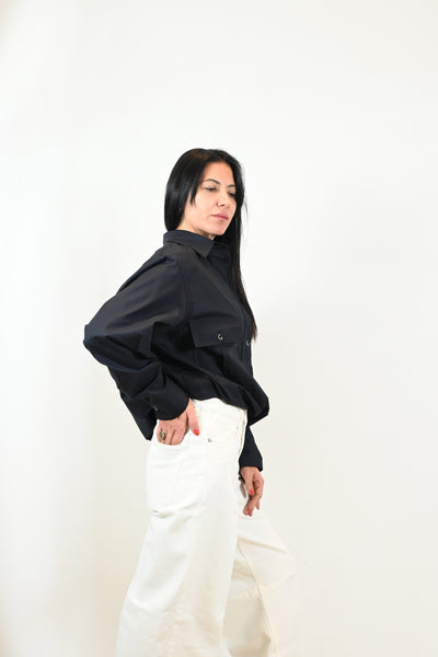 Nine In The Morning donkerblauwe blouse met aantrekkoord