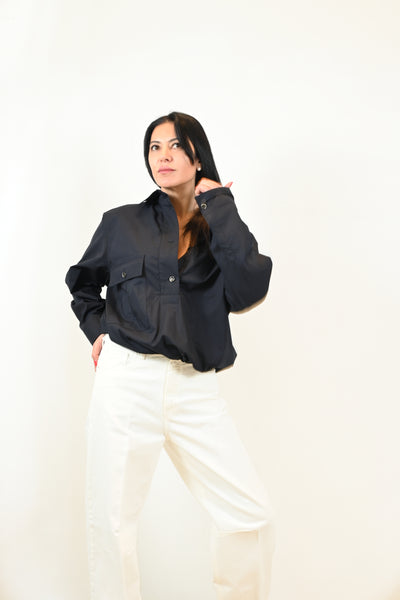 Nine In The Morning donkerblauwe blouse met aantrekkoord