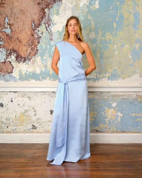 Sea Me Happy Lauri Dress – Satin Crepe Lichtblauw Lang Kleed