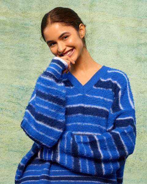 Sea Me Happy Milo Jumper Striped Cobalt
